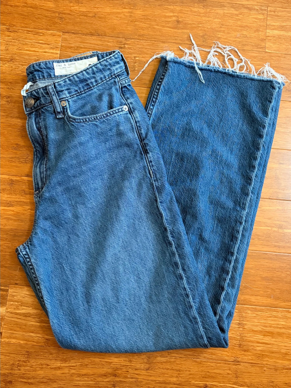 rag & bone Logan Featherweight Mid-Rise Wide-Leg Jean Delmont Stretch Raw Hem 26
